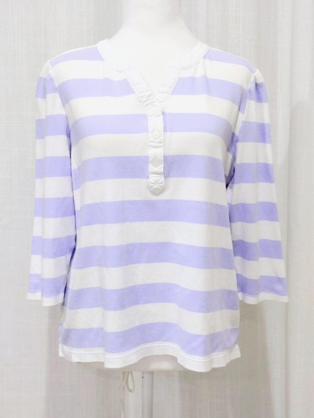 croft & barrow Sz L Lavender and White Striped Henley Long Sleeve Top